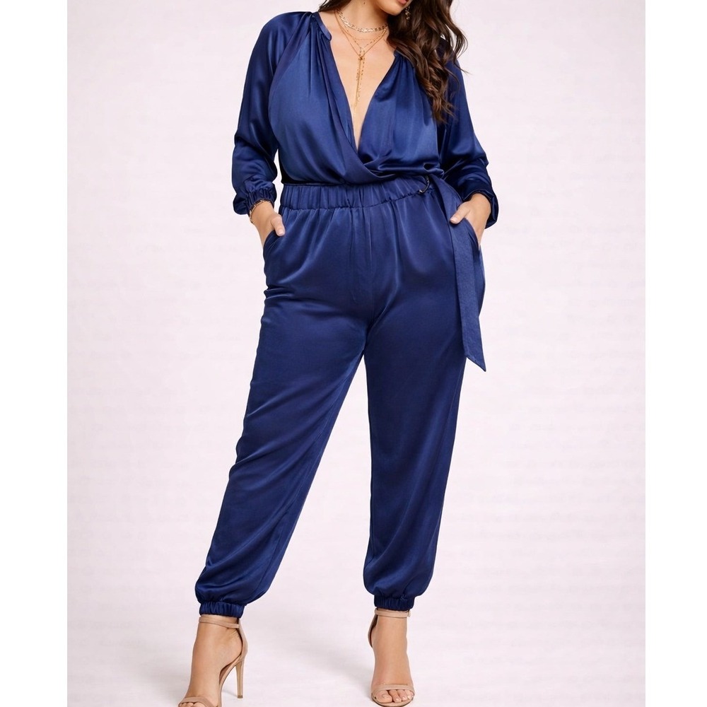 Ramy Brook Bree Satin Belted V-Neck Jumpsuit Size XL Spring Navy